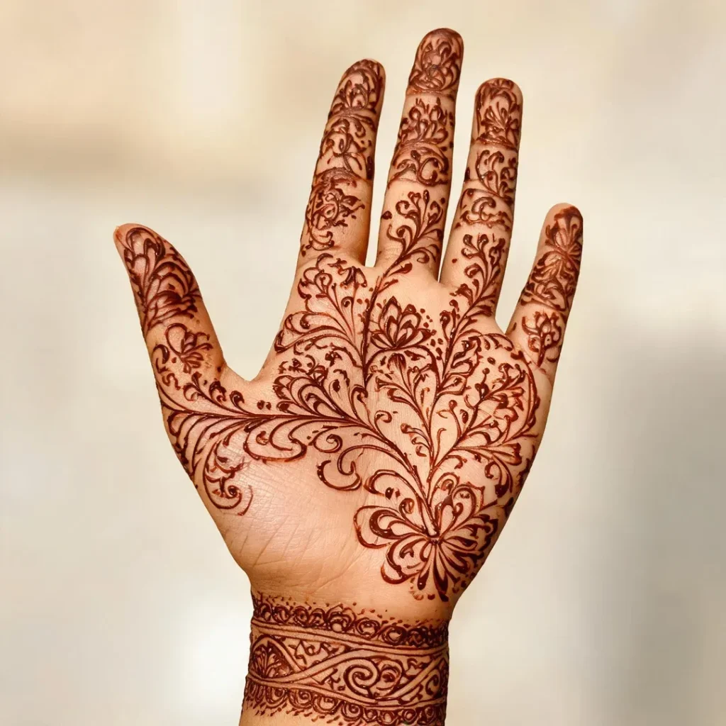 Aesthetic front hand mehndi design featuring intricate floral vines climbing the fingers and a decorative wrist cuff.