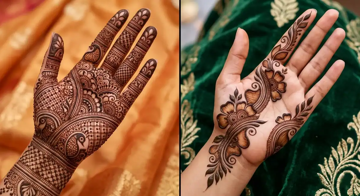 Side by side comparison of Arabic and Indian mehndi designs showing bold outlines versus dense fine linework