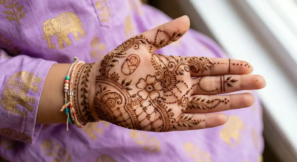 Baby shower mehndi design on front hand showing swaddled baby motif near wrist, central flower, vine patterns, and paisley details against purple outfit with gold elephant prints