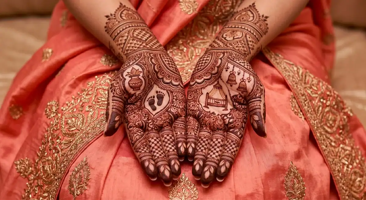 Indian baby shower mehndi design showing both palms with baby footprints, cradle, kalash pot, and hanging bells surrounded by dense jaal lattice work and detailed finger bands