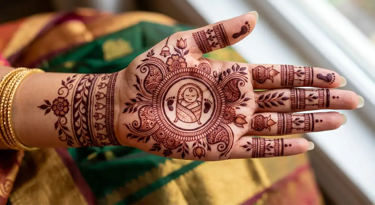 Indian baby shower mehndi design on front hand showing central sleeping baby in circular mandala, kalash pot motifs on fingers, and bell wrist cuff against green and gold silk