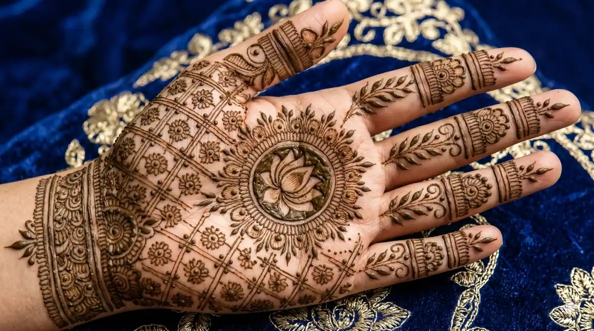 Indian bridal mehndi design showing lotus flower in central mandala on palm with geometric jaal lattice on back hand and detailed finger bands against blue fabric