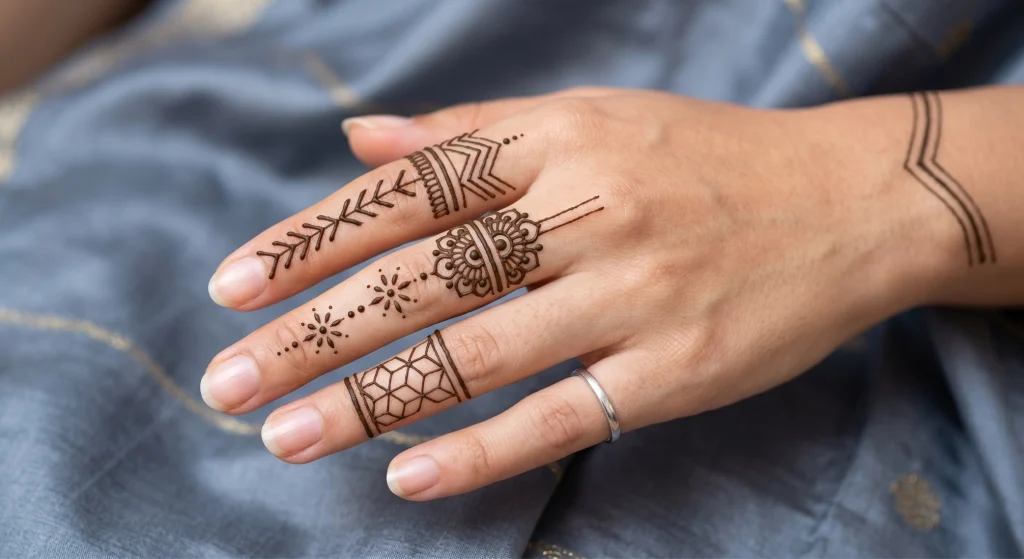 Stylish modern finger mehndi design showing geometric mesh, leafy vines, and floral motifs on individual fingers against blue fabric.