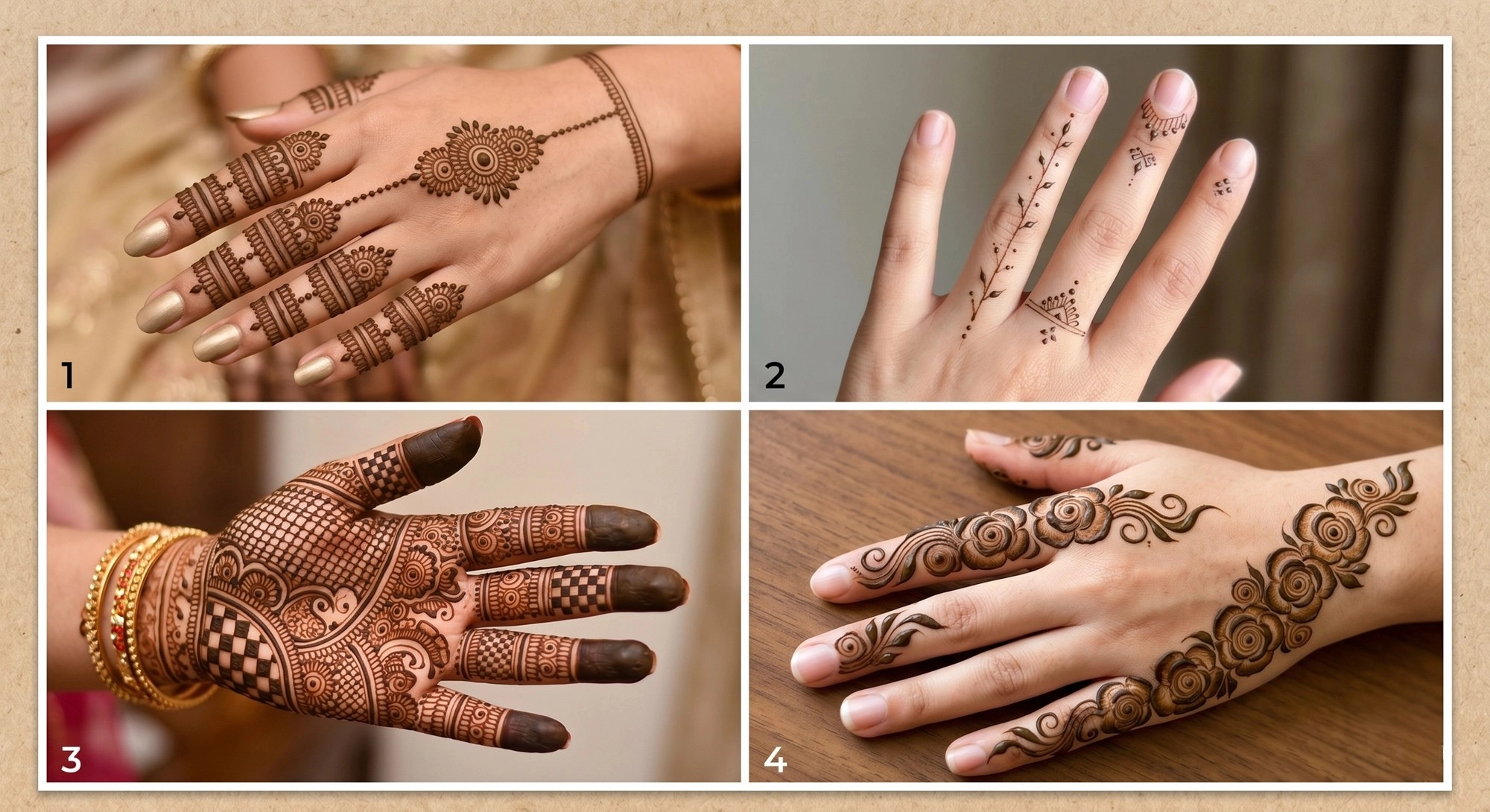 Collage showing four distinct finger mehndi designs including floral wrist chains, minimalist dot patterns, full royal checkerboard coverage, and flowing rose motifs.