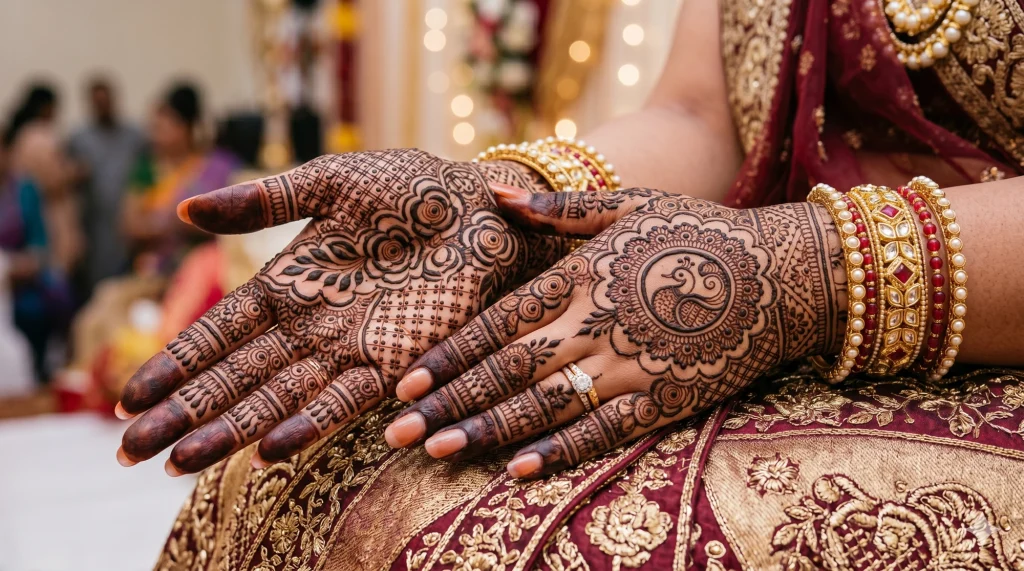 Royal Indian bridal mehndi design on both hands showing a peacock in a mandala on the back hand and rose patterns on the palm, detailed with dense jaal lattice work and traditional bangles.