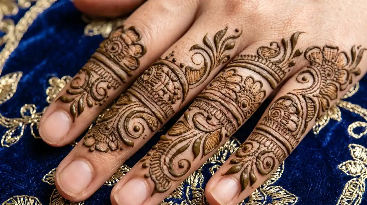 Royal Indian finger mehndi design showing detailed bands with floral paisley and geometric patterns on all four fingers against blue bridal fabric
