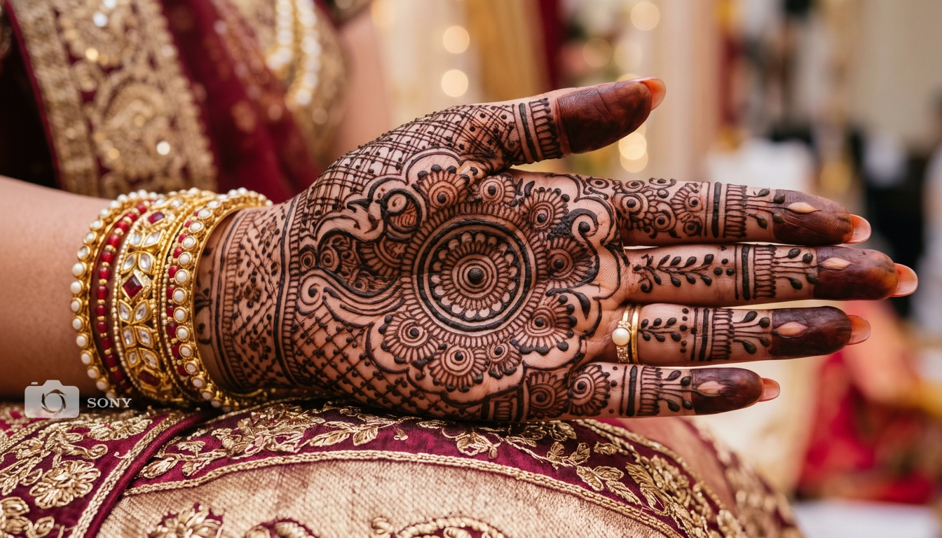 Royal front hand mehndi design featuring a central mandala, peacock motif, and dense jaal lattice work on the front of the hand.