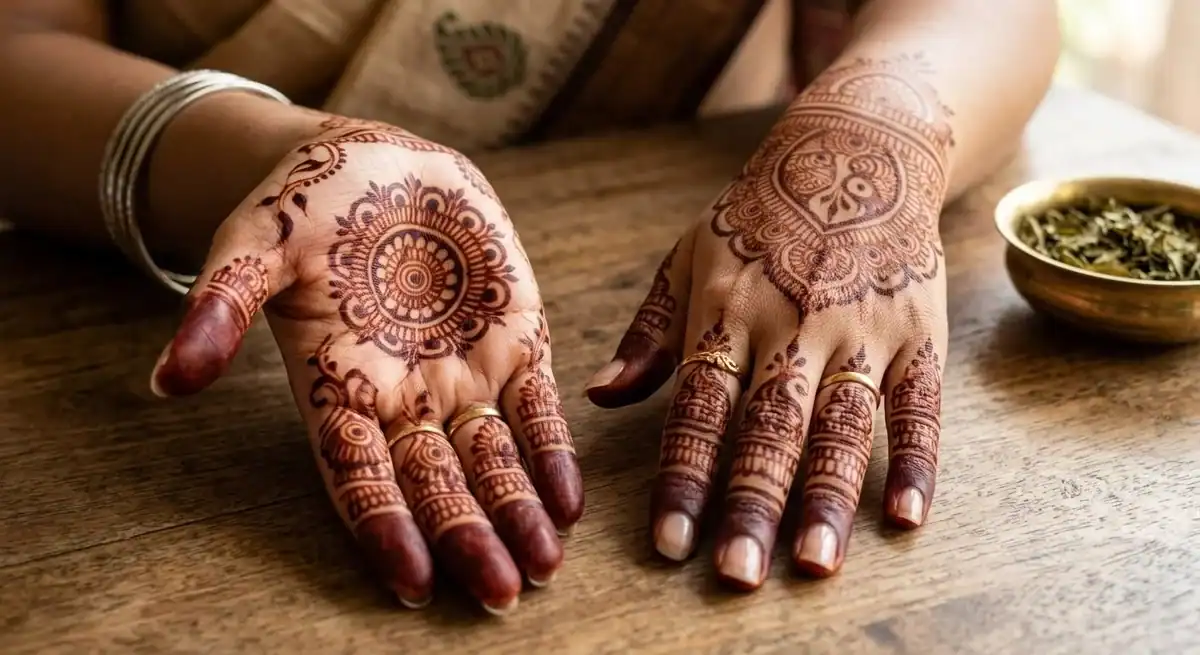 Royal Indian bridal mehndi design showing full hand coverage with a large central mandala on the palm and back hand, plus heavy jaal on fingers.