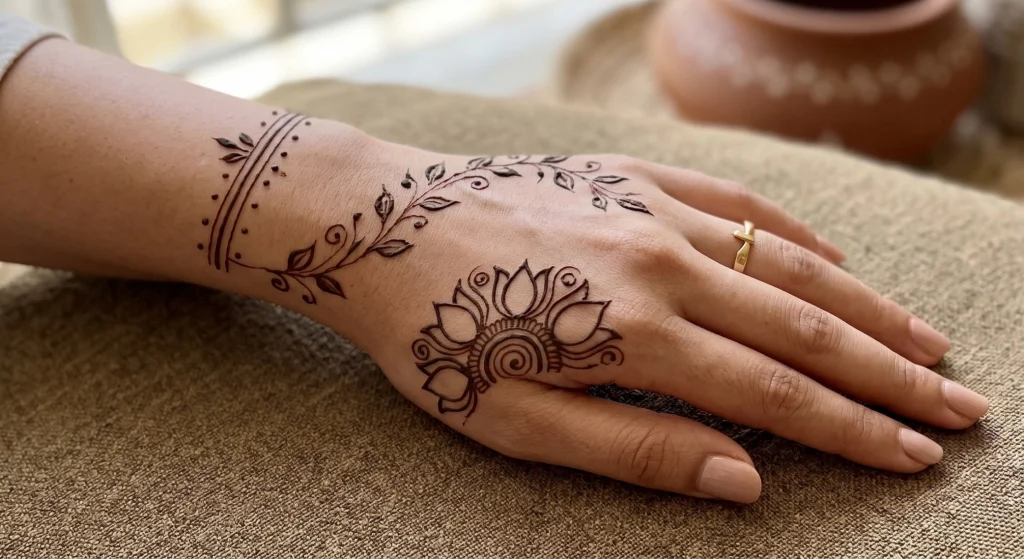 Simple back hand mehndi design featuring a bold lotus flower on the back of the hand with flowing vine elements extending toward the wrist and a geometric dotted band, showcasing clean lines and negative space.