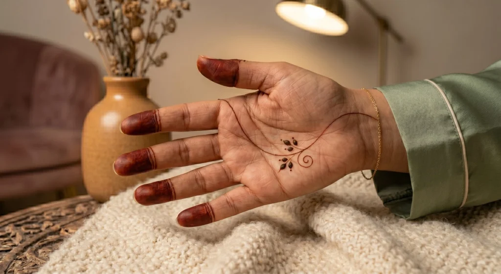 Simple everyday mehndi design featuring dark henna on fingertips and a single delicate vine sprig on a completely bare palm for a modern minimalist aesthetic.