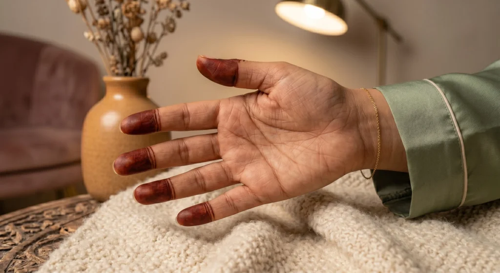 Simple mehndi design featuring dark henna only on the fingertips with a completely bare palm for a clean modern aesthetic.