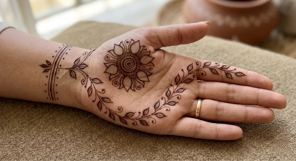 Simple front hand mehndi design showing a spiral sunflower in the center of the palm, flanked by delicate leafy vines and a geometric wrist band on a natural background.