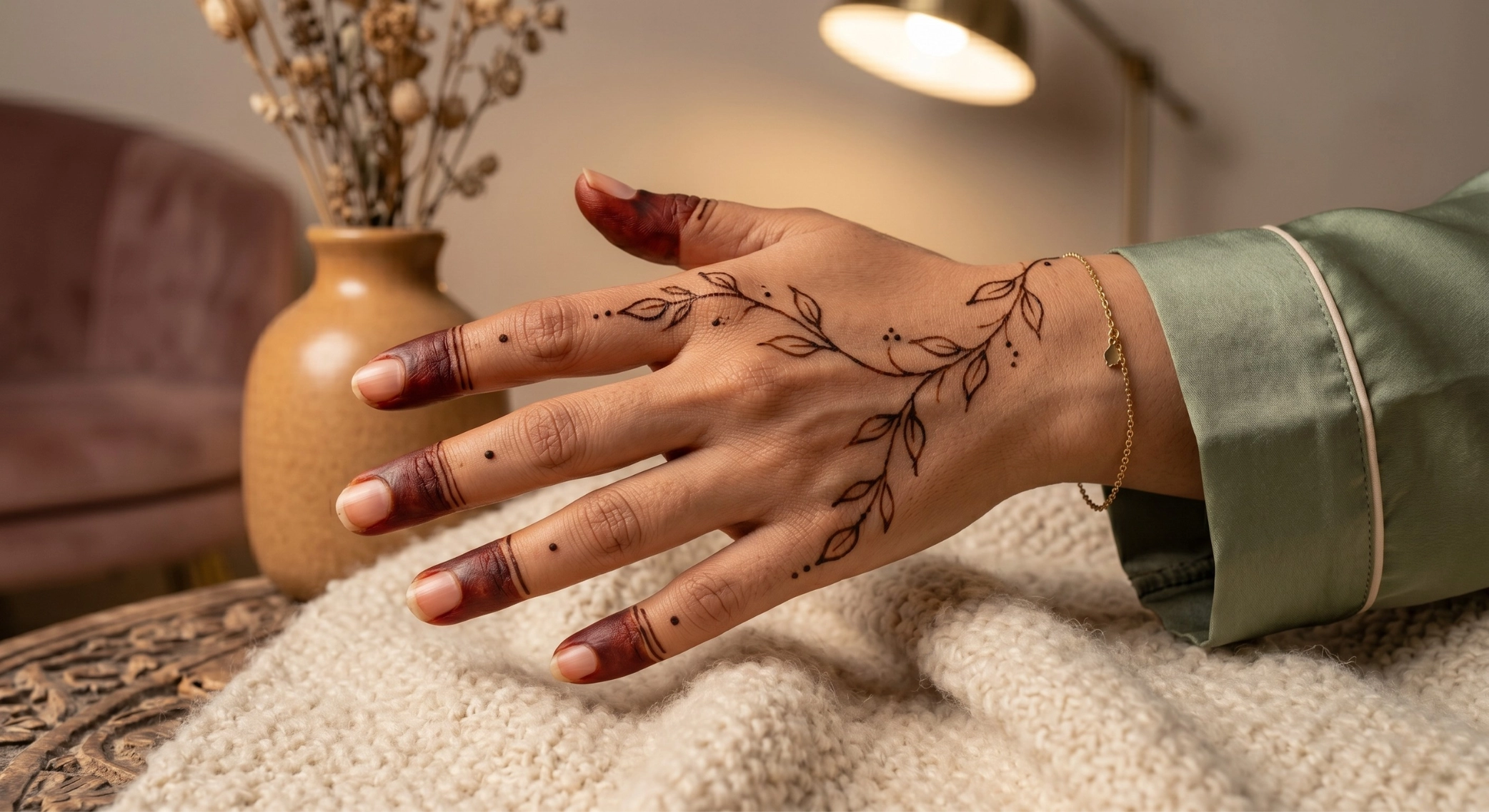 Minimalist arabic mehndi design showing clean floral vines and geometric bands on fingers with intentional negative space against neutral background