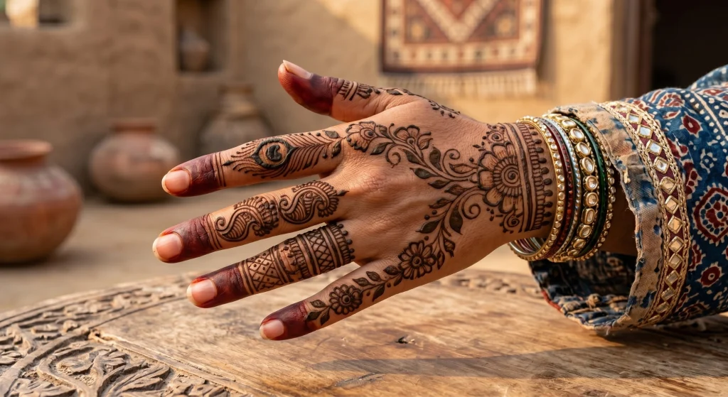 Traditional Indian back hand mehndi design featuring a peacock feather motif on the index finger, paisley scrolls, geometric bands, and floral vines flowing from a detailed wrist cuff.