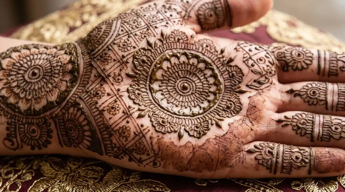 Close up of a mandala mehndi design on a palm showing concentric geometric rings and fine central detailing